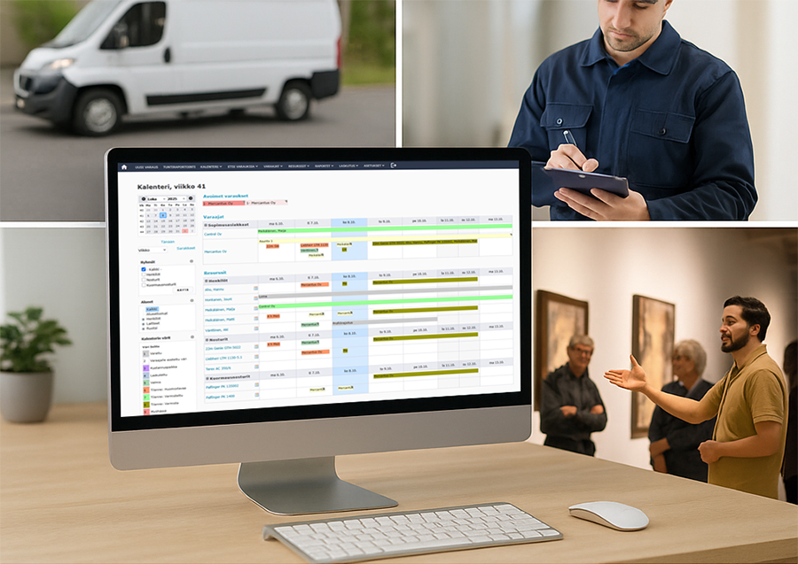 Timeworks-varauskalenteri tietokoneen näytöllä sekä pakettiauto, työntekijä ja museo-opastus.