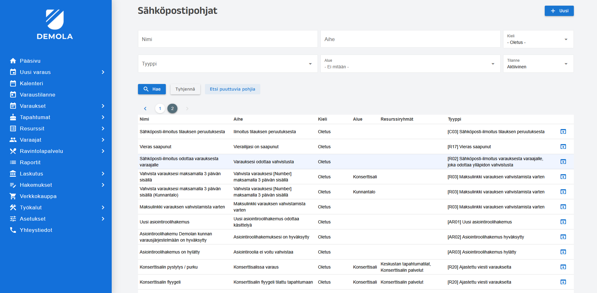 Timeworksin muokattavien sähköpostipohjien hallinta tietokoneen näytöllä. Näkymässä on muun muassa peruutusviestejä, maksulinkkejä ja vierailijan saapumisilmoitus.